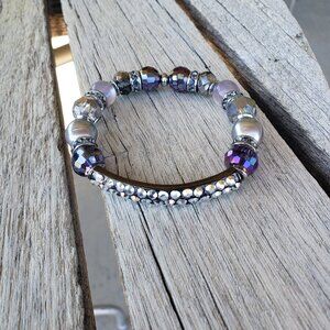 Chico's Purple and Silver-Tone Beaded Stretch Bracelet
